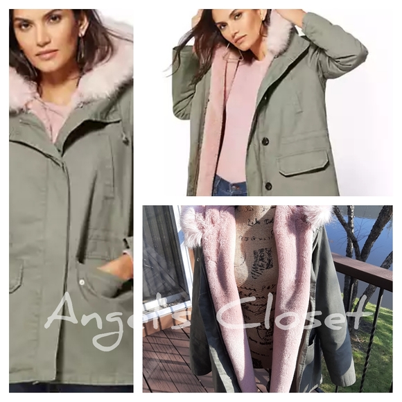 New York & Company Jackets & Blazers - NWT Olive Pink Fur Lined Anorak Jacket
